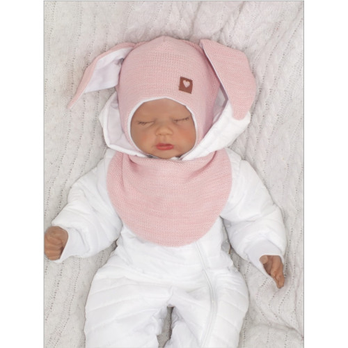 Z&Z Dvojvrstvová pletená čiapka na zaväzovanie so šatkou 2v1, Zajačik - ružová