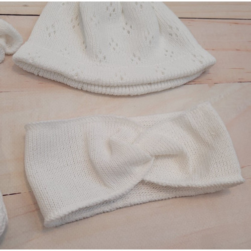 Pletená ažurková sada 4D, tunika, polodupačky, čiapočka + čelenka Kazum, biela, veľ. 68
