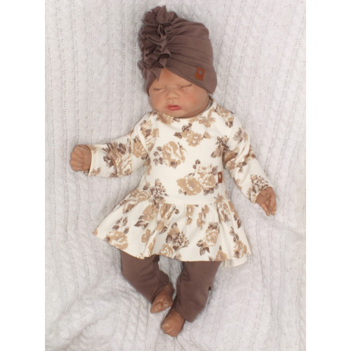 Bavlnená sada, 2D, tunika + legíny s kvetmi - čokoládová/ecru