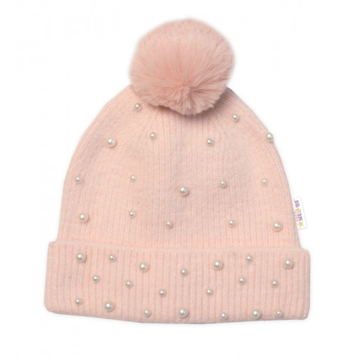Zimná čiapka s brmbolcom + šál, Pearls, Baby Nellys - púdrovo ružová, veľ. 54/58