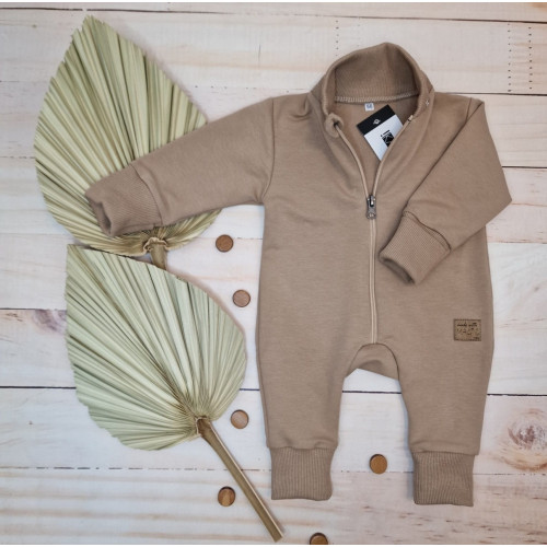 Detský teplákový overal bez šľapiek s odopínateľnou kapucňou, bavlna, mocca, veľ. 74