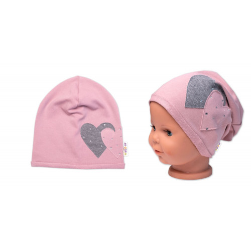 Detská čiapka bavlna, Srdiečka s kamienkami, Baby Nellys, púdrová, veľ. 104/134