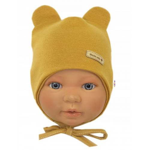 Čiapočka na zaväzovanie, bavlna, Little Teddy, Baby Nellys, horčicová, veľ. 86/92