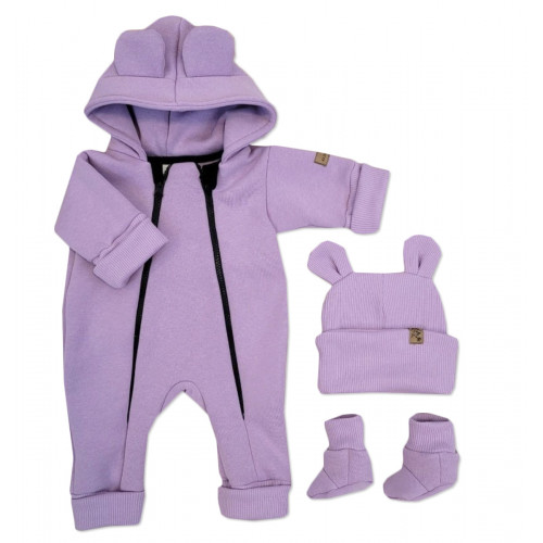 Oteplený detský overal bez šľapiek s kapucňou, čiapočka+topánočky, 3D, Kazum, lila, veľ.80