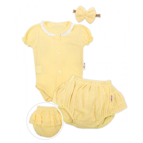 Baby Nellys 3-dielna mušelínová súpravička, body, kraťasky+čelenka GIRL, žltá, veľ. 68