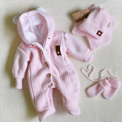 Baby Nellys Pletená kombinéza/overal LUX STAR s kožúškom, dvojvrstvová,sv. růžová, veľ. 74