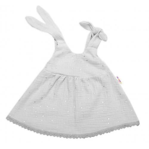 Baby Nellys Letné ľahučké mušelínové šaty Summer Stars - sivé, veľ. 80/86