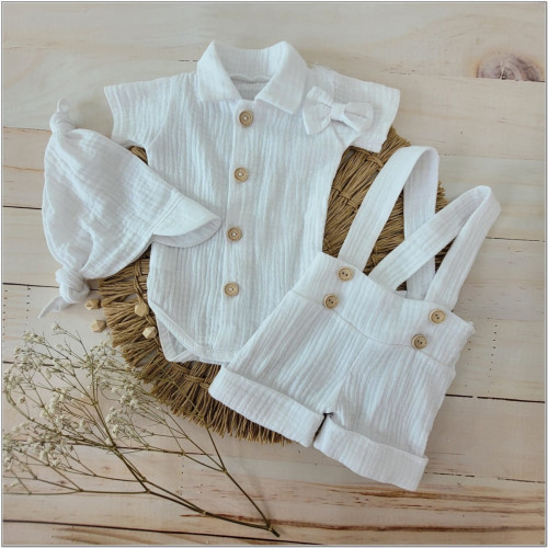 Mušelínové kraťasy s láclom, bodýčko, čiapočka, motýlik 4D sada, Z&Z, biela/biela