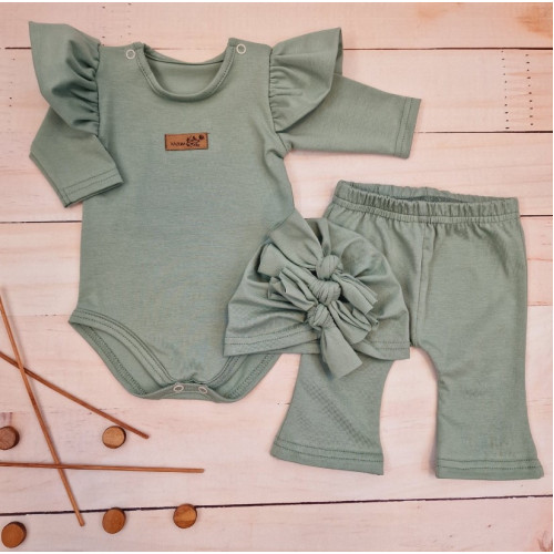 Body s volánikmi, legíny do zvonu a čiapočka, 3D, bavlna, olivová, veľ. 68