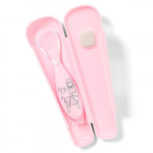 Silikónová lyžička široká s prísavkou v puzdre - ružová