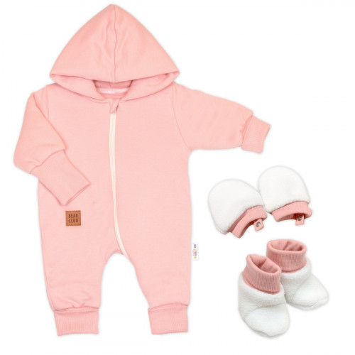 Bavlnený oteplený overálok s kapucňou, rukavičky, topánky, 3D sada Nature - koral, 62