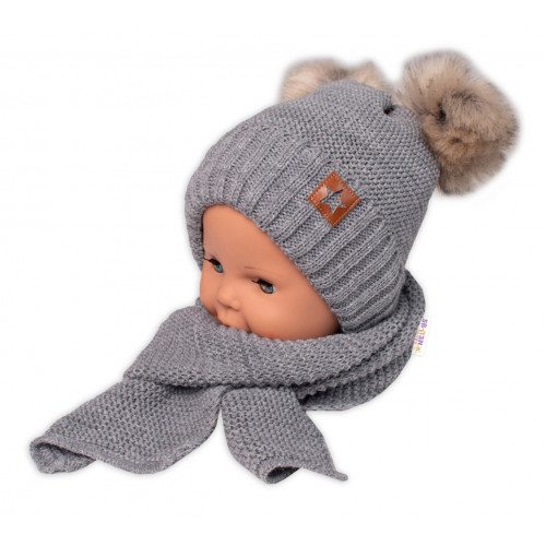 Zimná čiapka s kožušinovými brmbolcami + šál Baby Nellys Star - sivá, 6/24 mesiacov