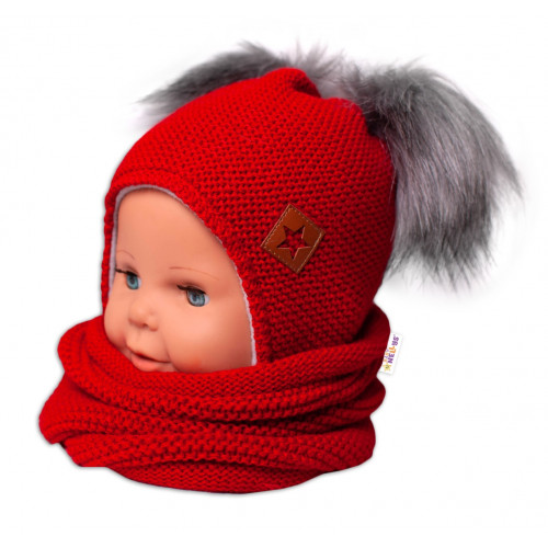 BABY NELLYS Zimná čiapka s fleecom a chlupáčka. bambuľky Star + komínok - červená, 104/116
