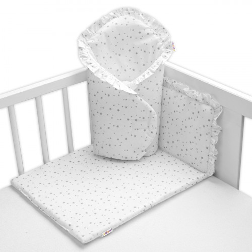 Sada pre bábiku 3D - zavinovačka, perinka a vankúšik, Hviezdičky,biela/sivá