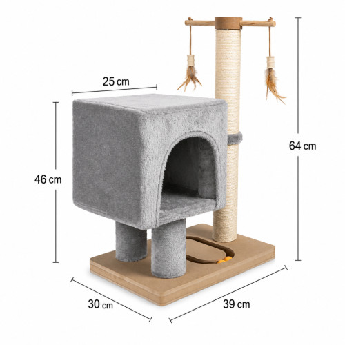 Škrabadlo pre mačky Cat Tree 64 cm s úkryt – MDF, sisal, plyš, svetlosivá