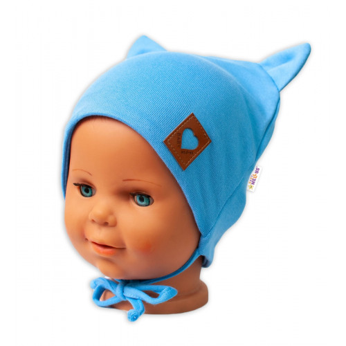 Baby Nellys Bavlnená dvojvrstvová čiapka s uškami na zaväzov., FOX - modrá, veľ. 80/86