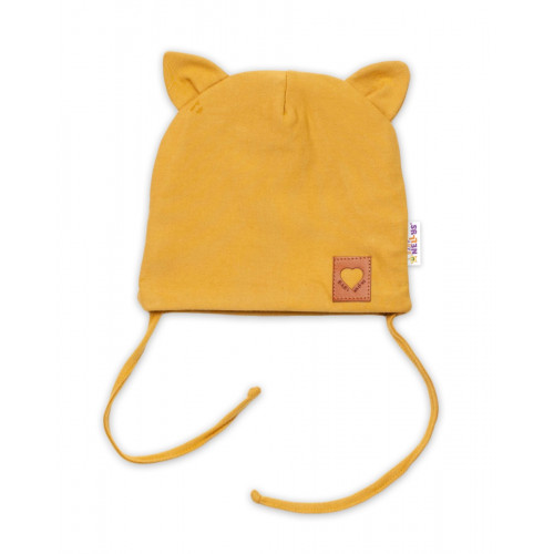 Baby Nellys Bavlnená dvojvrstvová čiapka s uškami na zaväzov. FOX - horčicová, veľ. 68/74
