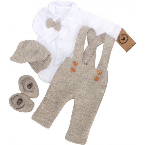 Z&Z 5-dielna pletená sada Boy, body, nohavice, čiapočka motýlik, topánočky, béžová, veľ.68
