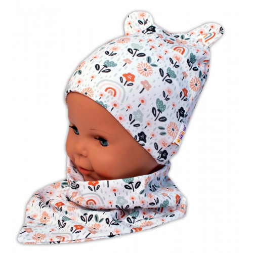 Baby Nellys Dvojvrstvová čiapka s uškami + šatka Palouček, smatanová, veľ. 80/92