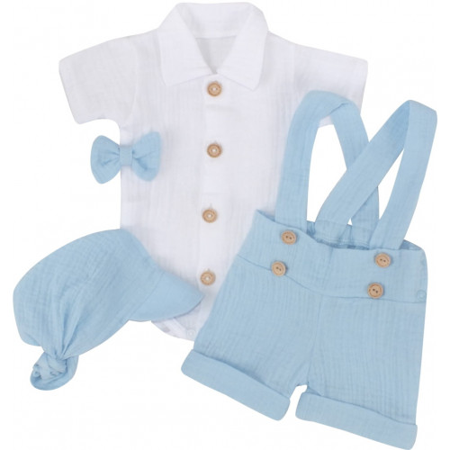 Mušelínové kraťasy s láclom, bodýčko, čiapočka, motýlik 4D sada, Z&Z, modrá/biela