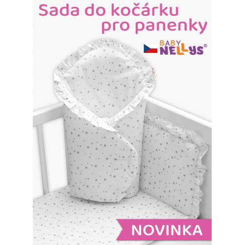 Sada pre bábiku 3D - zavinovačka, perinka a vankúšik, Hviezdičky,biela/sivá
