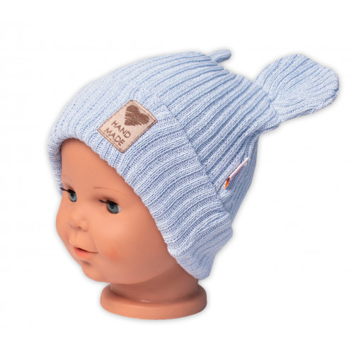 Pletená bavlněná čiapka s uškami, dvojvrstvová, Hand Made Baby Nellys, modrá