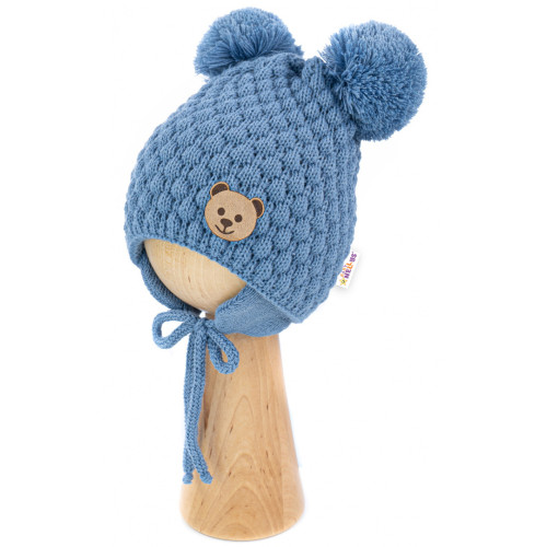 Zimná pletená čiapka Teddy Bear na zaväzovanie, modrá, 68/80, (6-12m)