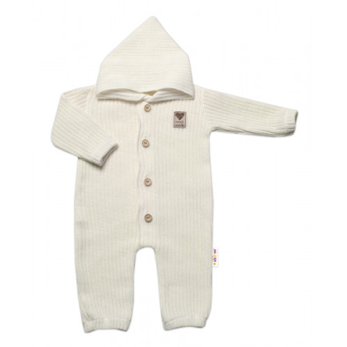 Baby Nellys Pletený overálok s kapucňou a gombíkmi Hand Made, ecru, veľ. 80/86