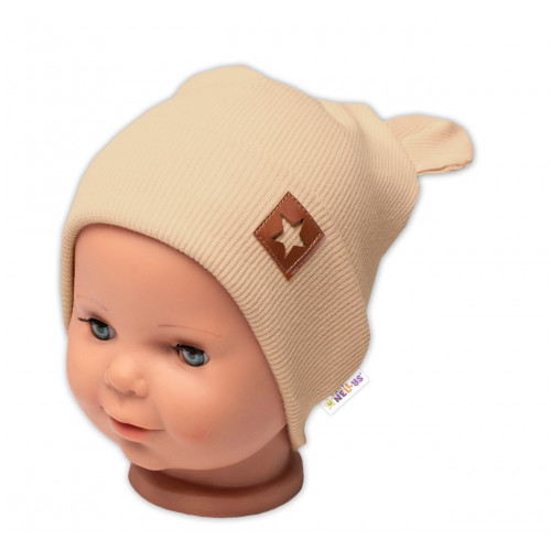 Baby Nellys Rebrovaná dvojvrstvová čiapka s uškami TEDDY - béžová, veľ. 68/74