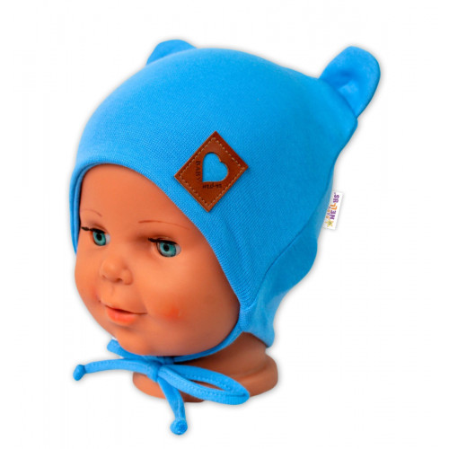 Baby Nellys Bavlnená dvojvrstvová čiapka s uškami na zaväzovanie, TEDDY - modrá, 80/86