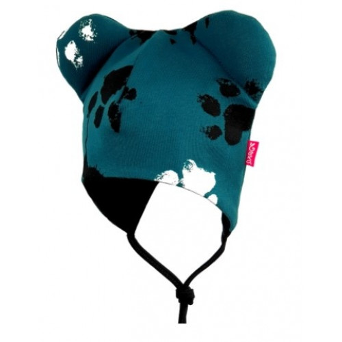 BEXA dvojvrstvová čiapka na zaväzovanie s uškami + šatka - Labky, petrolejová, veľ. 80/92