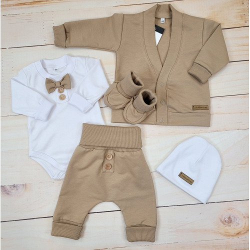 Bavlnená sada, body, nohavice, motýlik a čiapka Elegant Boy 5D, Kazum, mocca/biela, veľ.62