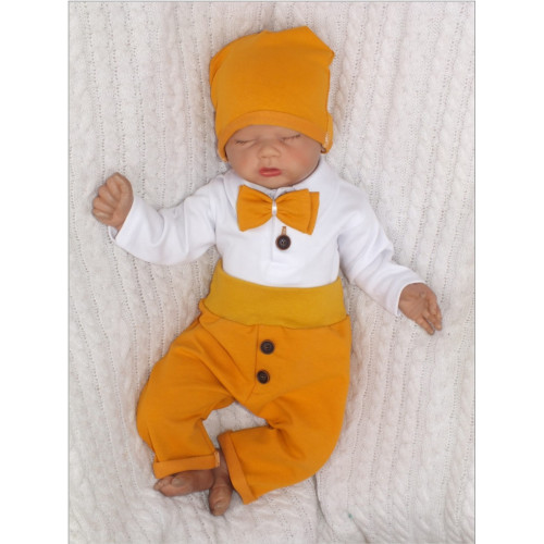 Bavlnená súpravička body, tepláčky, čiapočka a motýlik 4D, Z&Z, biela/horčicová