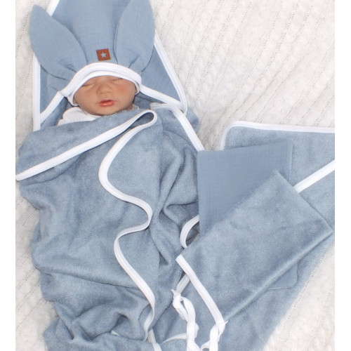 Detská luxusná 4D bambusová sada - osuška s kapucňou a uterákom + 2 žinky, modrá