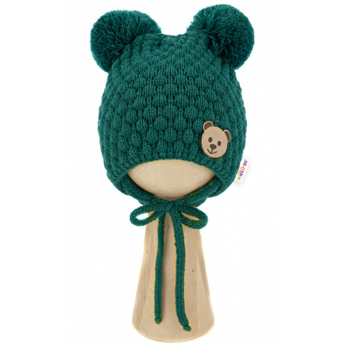 BABY NELLYS Zimná pletená čiapka Teddy Bear na zaväzovanie, zelená, 68/80, (6-12m)