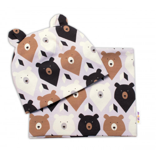 Baby Nellys Dvojvrstvová čiapka s uškami + komínček Medvede, hnedá/smotanová, veľ. 80/92