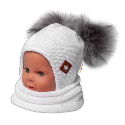 BABY NELLYS Zimná čiapka s fleecom a chlupáčka. bambuľky Star + komínok - biela, 98/104
