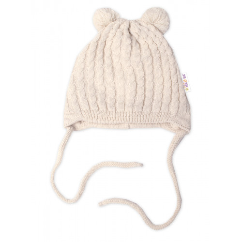 Zimná čiapka na zaväzovanie s brmbolcami + šál, Baby Nellys - béžová, vel. 62/68