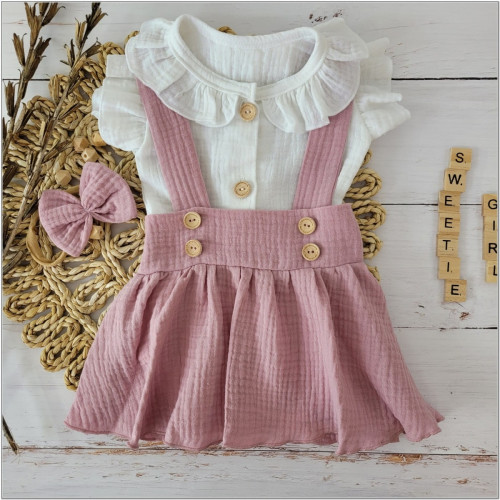 Mušelínová suknička s lacnom, bodýčko a čelenka, 3D sada, biela/staroružová, veľ. 62