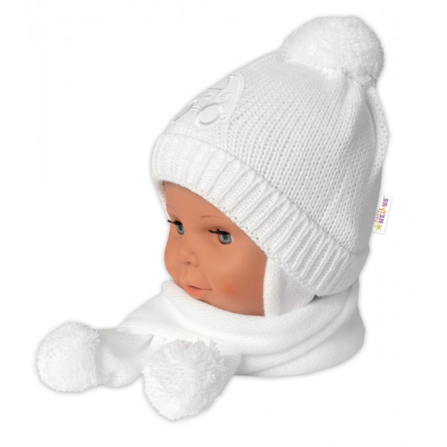 Zimná čiapočka s šálom - Autíčko, biela, 0-6m, Baby Nellys