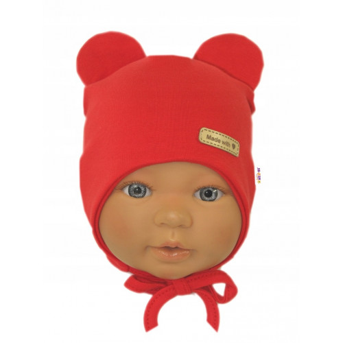 Čiapočka na zaväzovanie, bavlna, Little Teddy, Baby Nellys, červena, veľ. 62/68