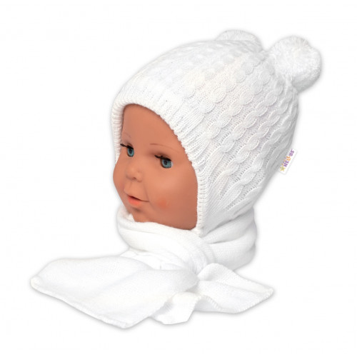 Zimná čiapka na zaväzovanie s brmbolcami + šál, Baby Nellys - biela, vel. 74/80