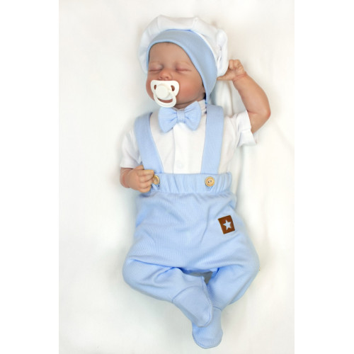 Bavlnená súprava Gentleman 3D, body kr. rukáv, polodupačky s lacnom + čiapočka,modrá/biela