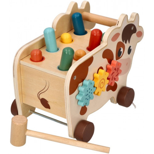 Montessori hračka - aktívna edukačná drevená, ťahacia Kravička, prírodná