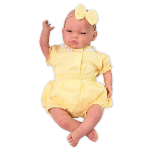 Baby Nellys 3-dielna mušelínová súpravička, body, kraťasky+čelenka GIRL, žltá