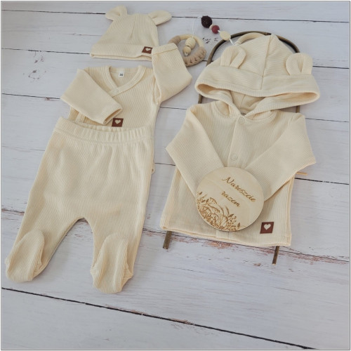 Sada do pôrodnice 4D, rebrovaná, body, polodupačky, kabátik a čiapočka, ecru, veľ. 62