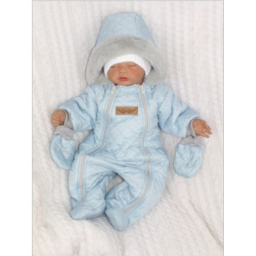 Zimná prešívaná kombinéza s kožušinou a kapucňou + rukavičky Z&Z - modrá