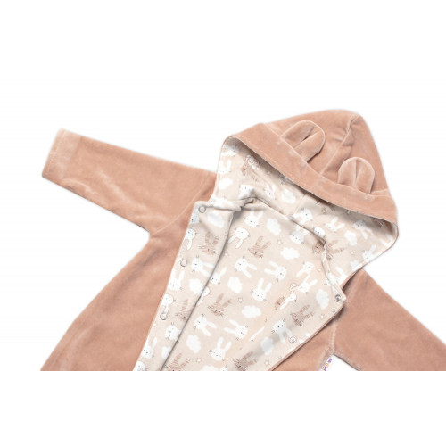 Baby Nellys Dvojvrstvový velúrový overal s kapucňou New Bunny, hnedý, veľ. 74