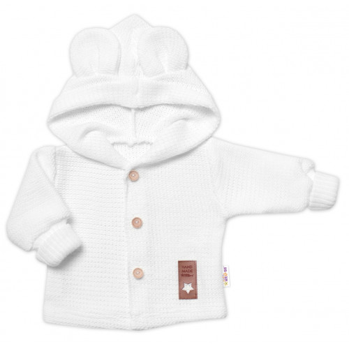 Elegantný pletený svetrík s gombíkmi a kapucňou s uškami Baby Nellys, biely, veľ. 86