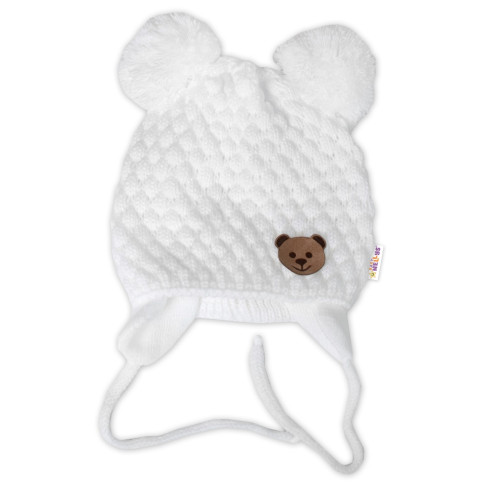 Zimná pletená čiapka Teddy Bear na zaväzovanie, biela/smotanová